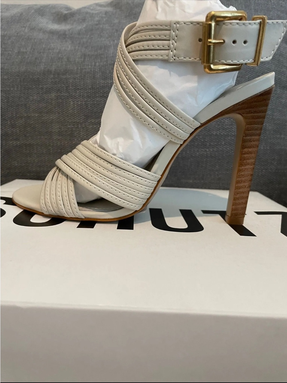 Schutz Marcela Leather Women’s Cream Strappy High Heel Sandal with Gold Buckle